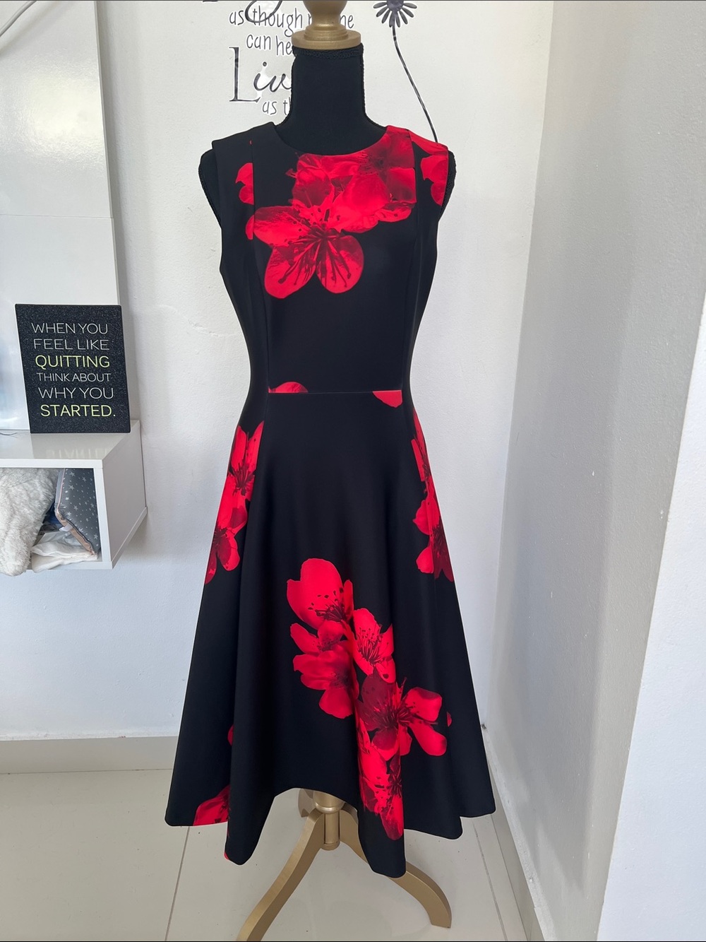 Calvin Klein Black Midi Dress with Red Floral Print
